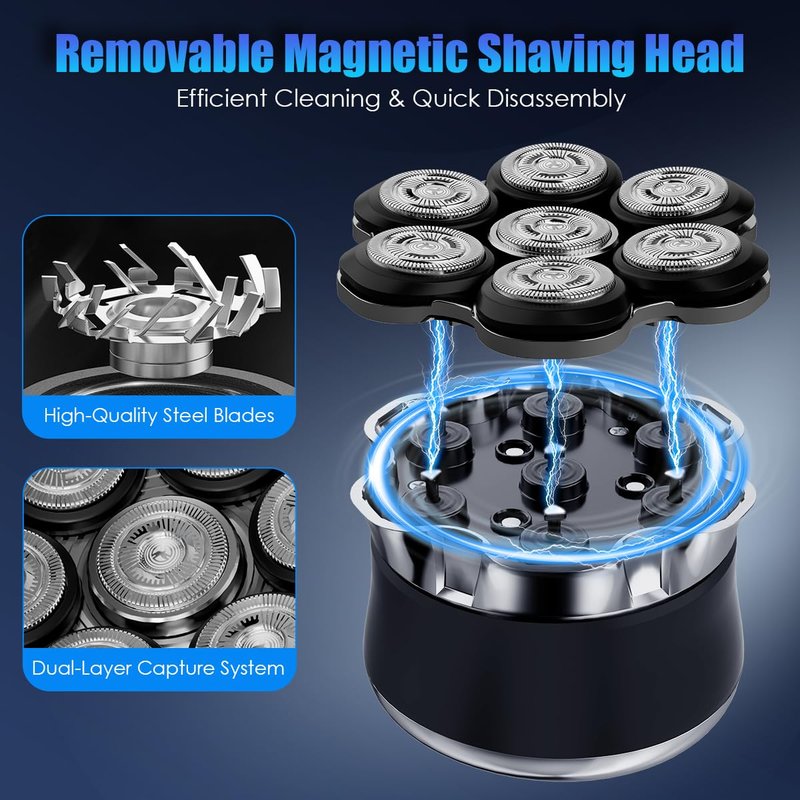 Head Shaver for Men Bald Head, 7D Rotary Electric Razor with Magnetic Detachable Head, Smooth Close Shave, LED Display, IPX7 Waterproof, USB-C Fast Charging