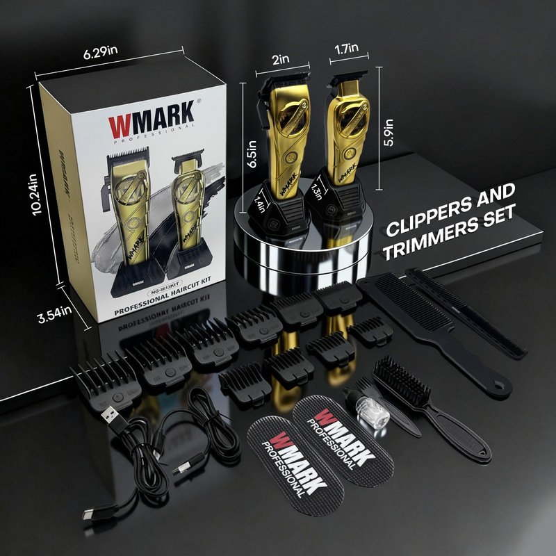 WMARK Hair Clippers for Men Professional Barber Clippers and Trimmers Set Cordless Hair Clippers for Hair Cutting, High Speed, Rechargeable, Powder Metallurgy DLC Ceramic Fade NG-8613 KIT (Gold)