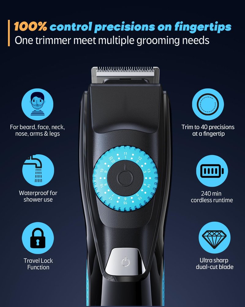 Voukad Beard Trimmer for Men, 120-Min Cordless Runtime, 0.5mm Precision Dial (40 Settings) - Constant Power Motor & IPX7 Waterproof Hair Clipper Kit with Detailer & Nose Trimmer, USB-C Quick Charge