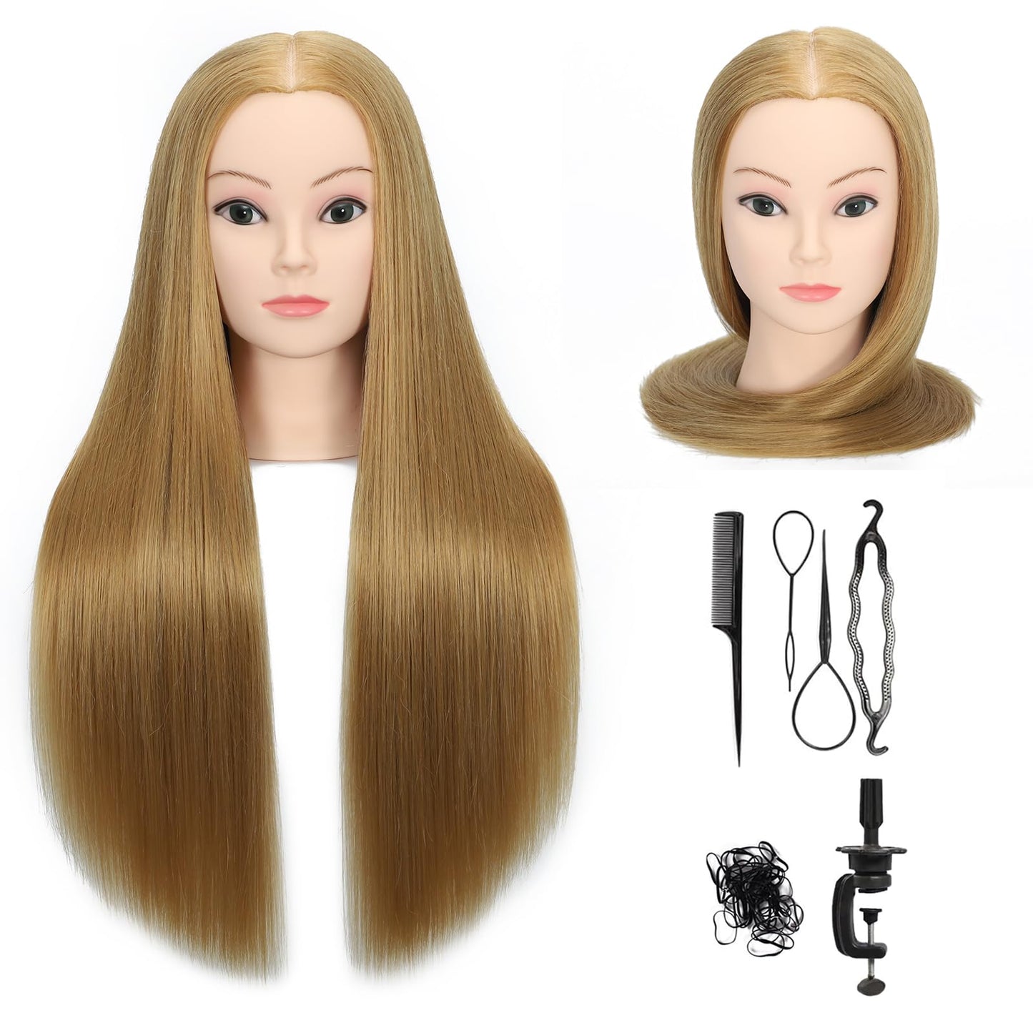 Mannequin Head 26"-28" Synthetic Fiber Training Head Cosmetology Manikin Doll Head Practice Head for Hairdresser With Free Table Clamp