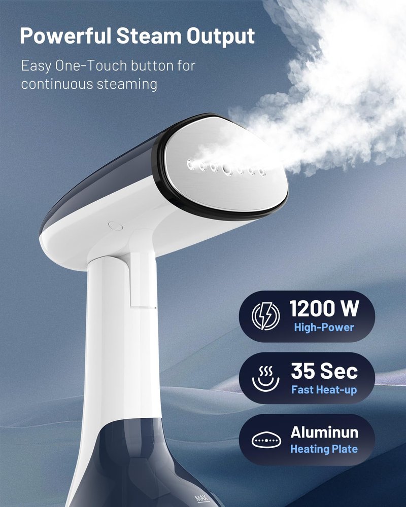 BEAUTURAL Steamer for Clothes, Portable Handheld Garment Fabric Wrinkles Remover, Aluminun Heating Plate, 35-Second Fast Heat-up, Large Detachable Water Tank (Only for 120V), Blue