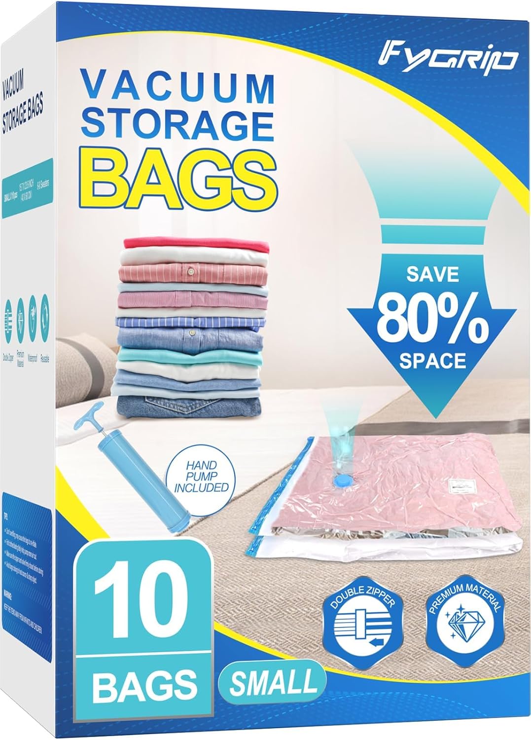 Fygrip Vacuum Storage Bags - Space-Saving Vacuum Seal Bags for Clothing & Travel | 20 Combo with Hand Pump