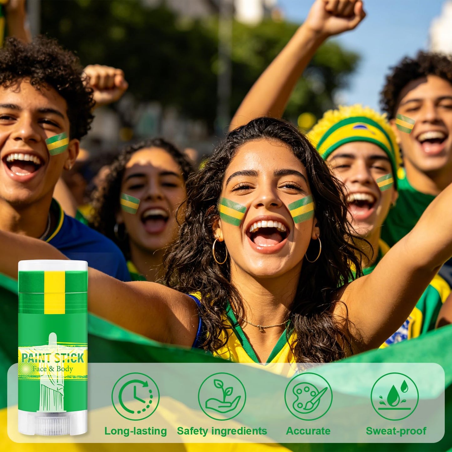 Brazil Face Paint Stick - Sweatproof High Pigment Sports Body Paint for Football, Rugby, Softball | Green & Yellow