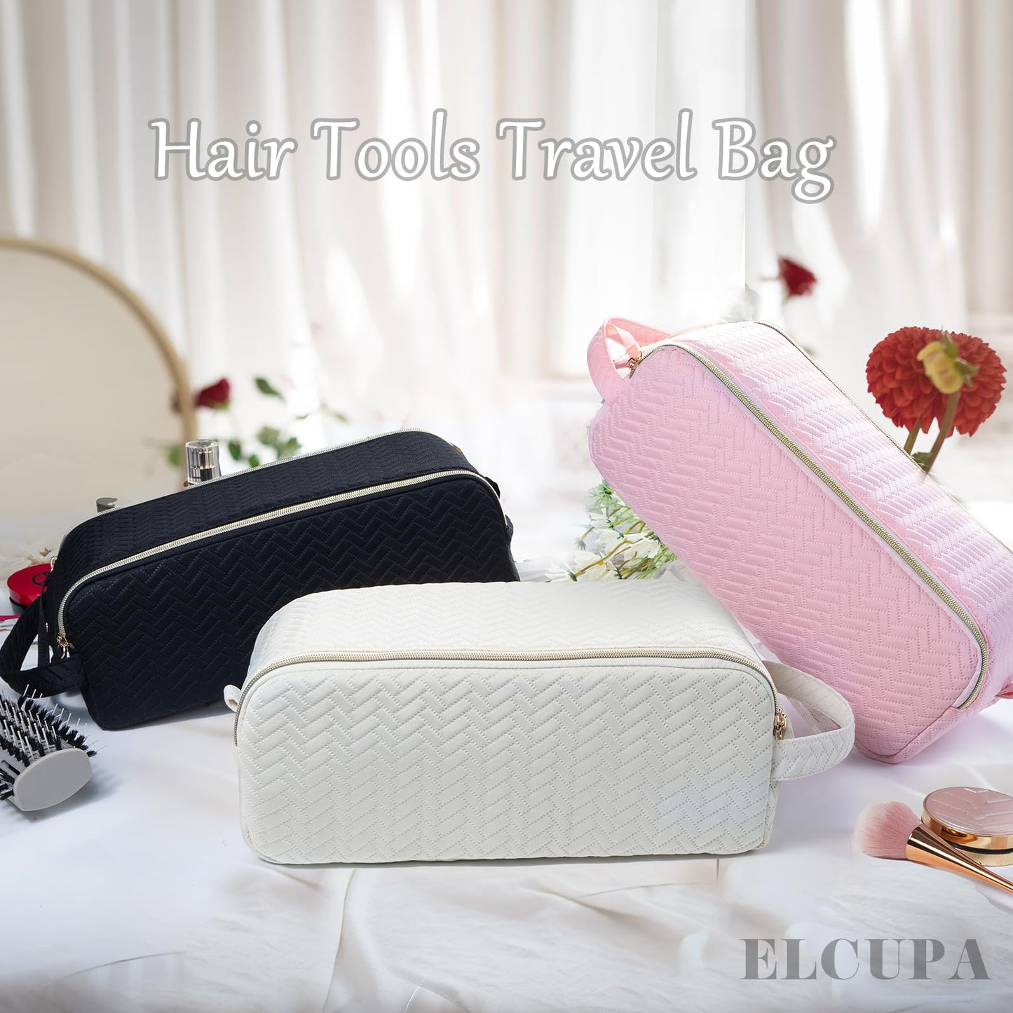 ELCUPA Large Hair Tools Travel Bag Compatible with Shark FlexStyle, Revlon & Dyson | Hair Dryer Brush Organizer, Flat Iron, Curling Iron, Makeup & Cosmetic Bag for Travel Essentials