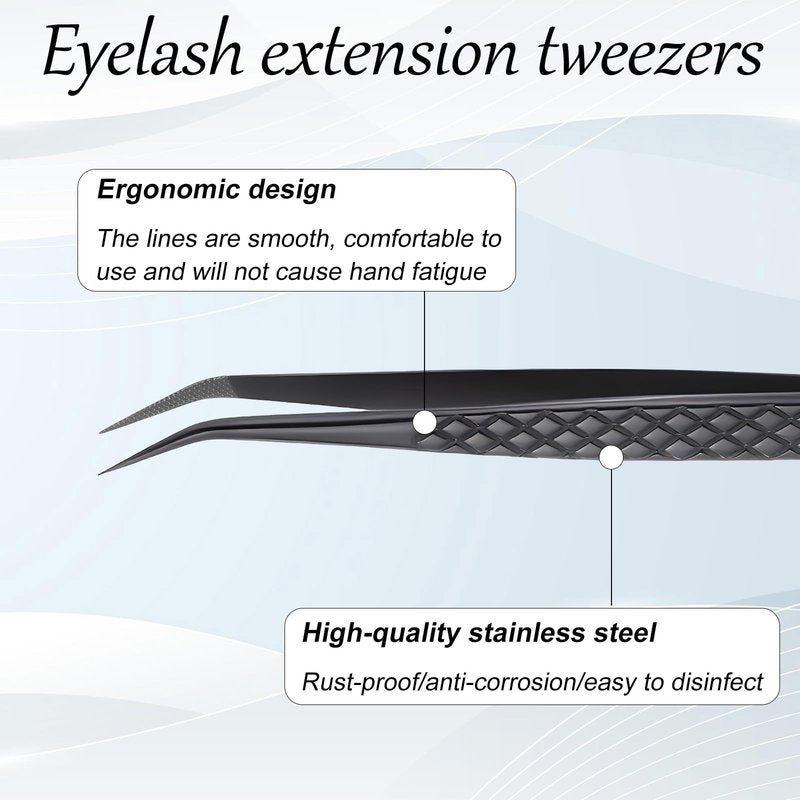 Eyelash Extension Tweezer Professional Lash Tweezers for Eyelash Extensions Fiber Tip Diamond Grip Isolation Tweezer Precision Stainless Steel Curved Tweezers for Classic and Volume Lash