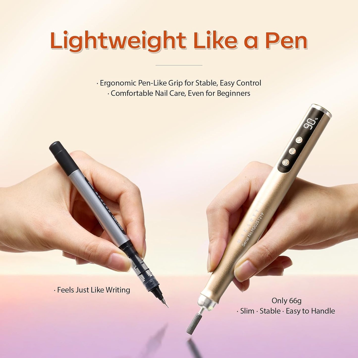 Rechargeable Nail Drill - 25,000 RPM Cordless Electric File with 5-Speed LED Display | Lightweight & Quiet E-File Kit for Gel Polish Removal (Gold)