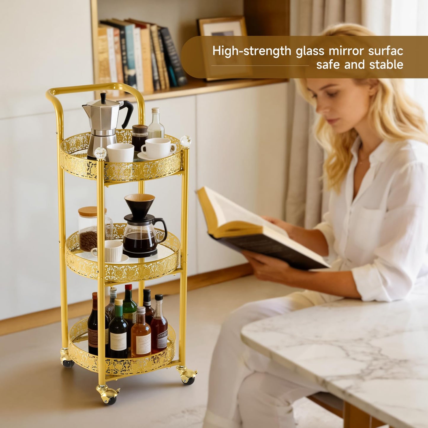 taotanra Multi-Functional Mobile Trolley Golden bar cart is Suitable for Home bar Service, Featuring a Rolling bar cart with Lockable casters, a Glass bar cart with 3 Mirror Holders