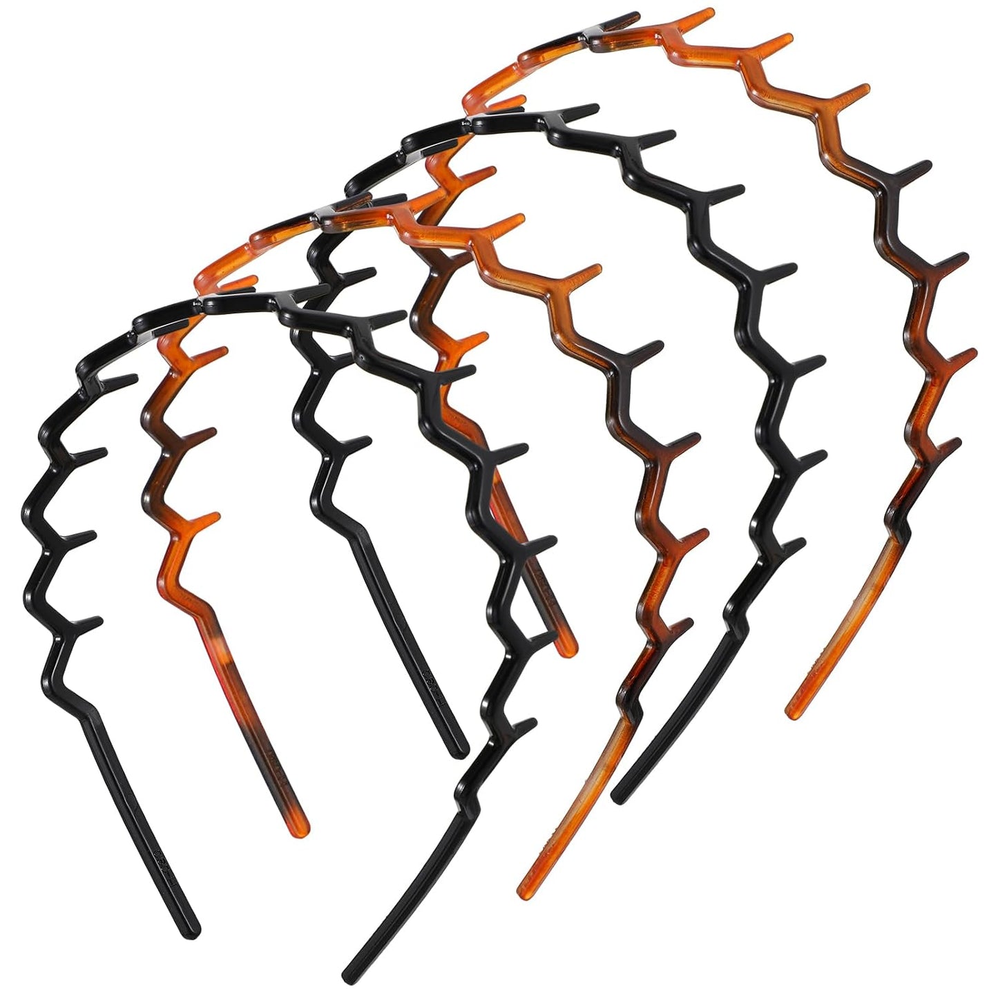 Zig Zag Hairbands - 4-Piece Set of Wavy Plastic Headbands for Women | Black & Amber Colors