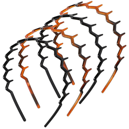 Zig Zag Hairbands - 4-Piece Set of Wavy Plastic Headbands for Women | Black & Amber Colors