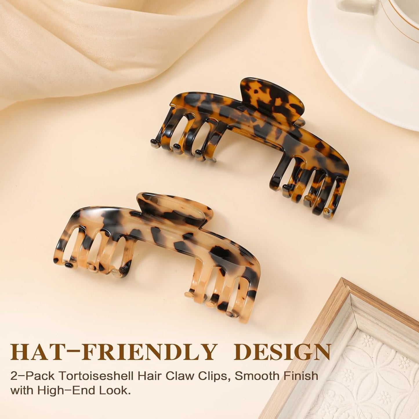 Large Hat Claw Clips for Women - Non-Slip Tortoise Shell Design | 2 Pcs Hair Accessories for Baseball Caps