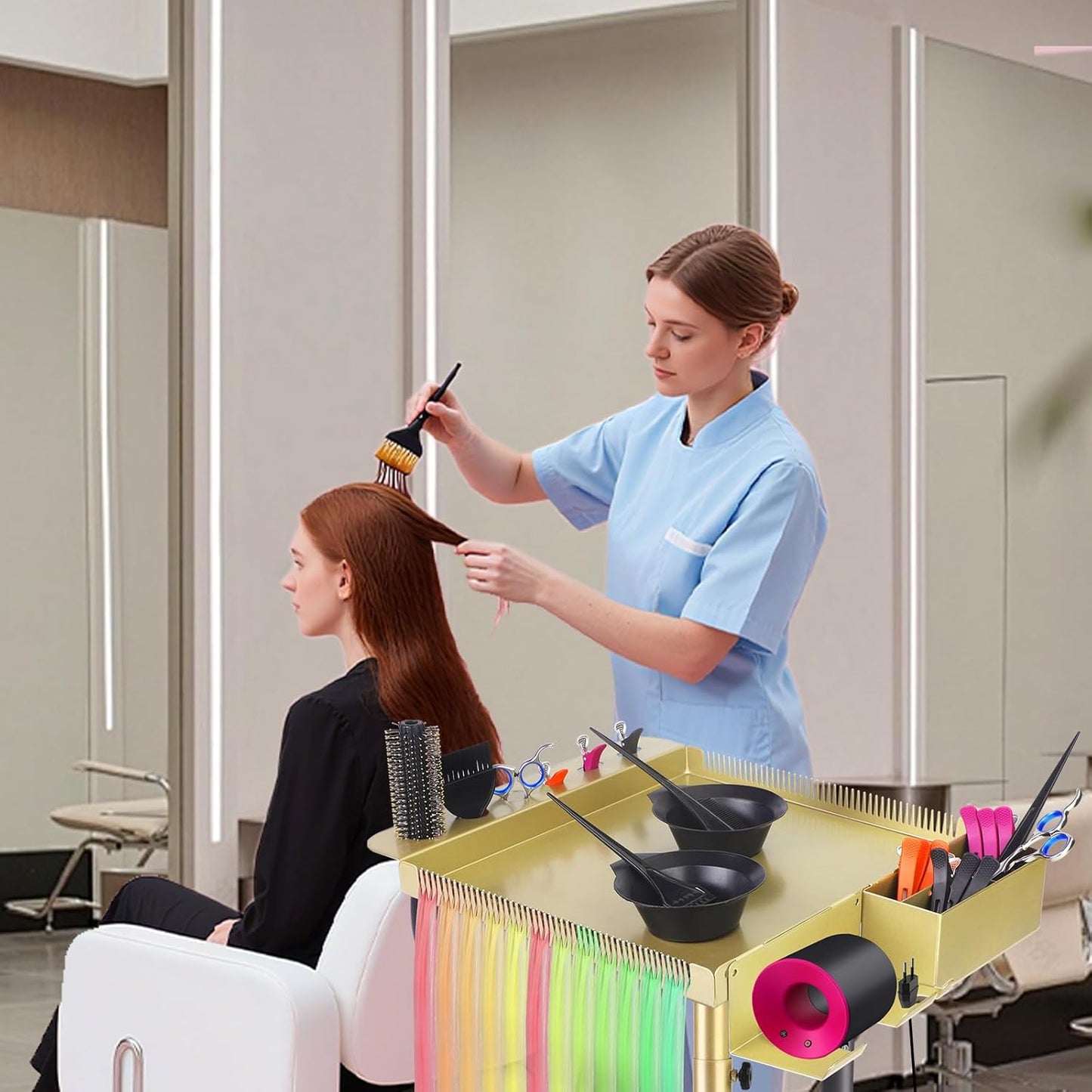 Multi-Function Salon Tray - Rolling Hair Cart with Storage & Separator Stand | Gold Finish