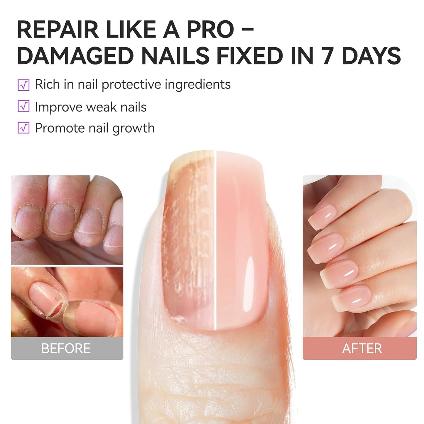 Protein Nail Strengthener - 6 in 1 Natural Hardener for Weak Nails | Nude Blush Gelike 15ml