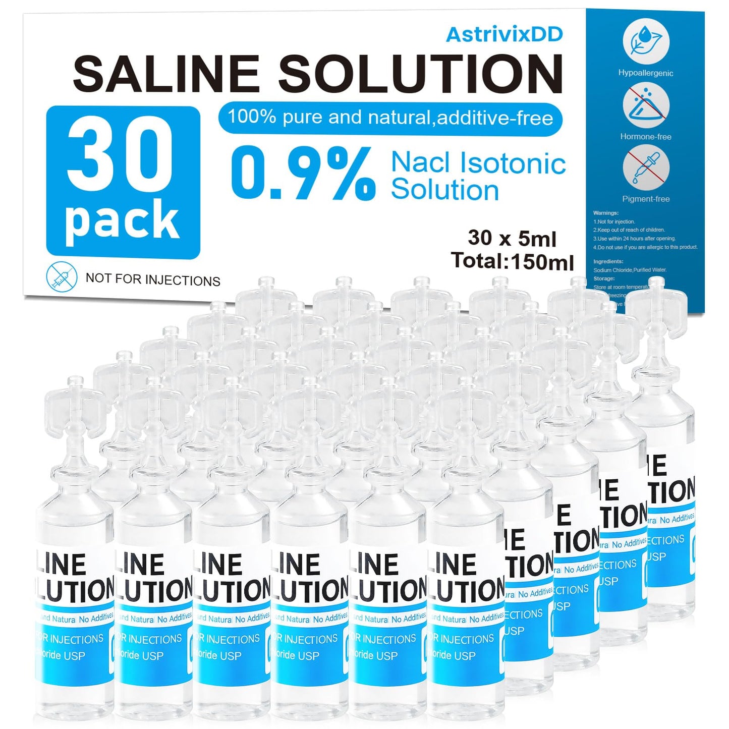 AstrivixDD 30 Pack 0.9% Saline Solution, Sodium Chloride Normal Solution for All Ages, Total 150ml, 5ml Each