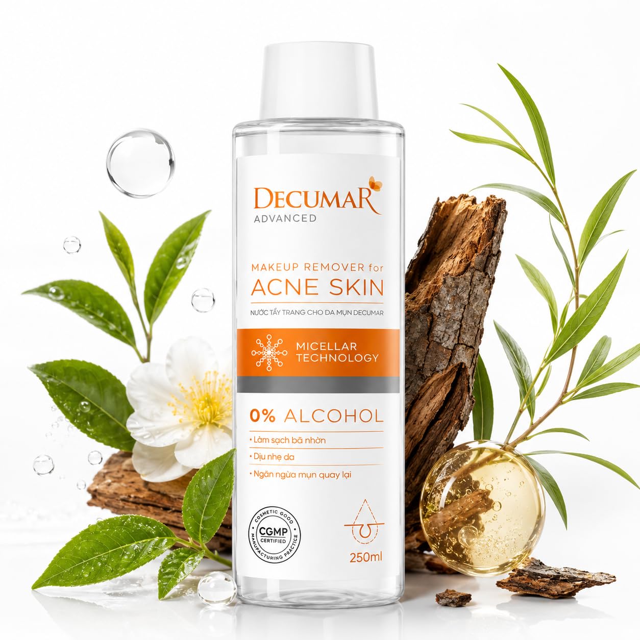 HVSun Decumar Micellar Cleansing Water Makeup Remover, Gentle No-Rinse Facial Cleanser with Green Tea & Willow Bark, for Oily & Blemish-Prone Skin, 250 mL / 8.45 fl oz