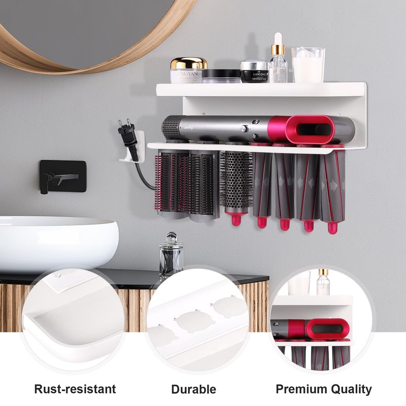 Zenymb Wall Mount Holder for Dyson Airwrap Styler, White Storage Rack Organizer for Hair Curling Iron & Attachments – Space-Saving Bathroom Bracket Stand, No-Drill Installation