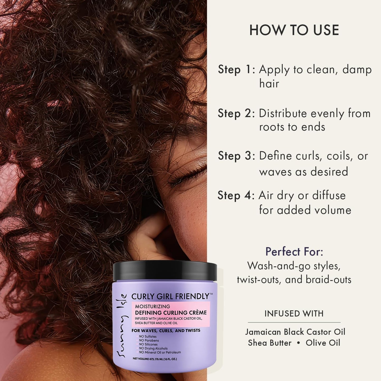 Curly Girl Friendly Curling Cream - Moisturizing Anti-Frizz Formula with Shea Butter & Castor Oil | 16 oz for Wavy, Curly & Coily Hair (2C–4C)