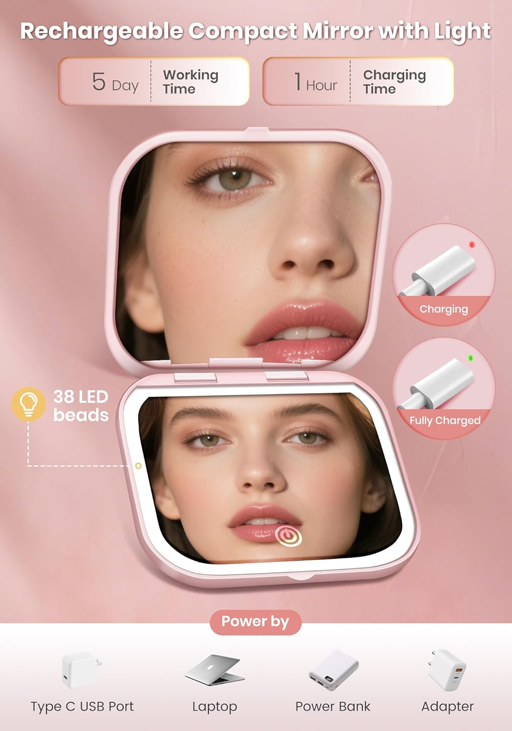 40X Rechargeable Magnifying Mirror with Light | Dimmable Brightness & 3 Lighting Modes - Portable Pink Travel Makeup Mirror