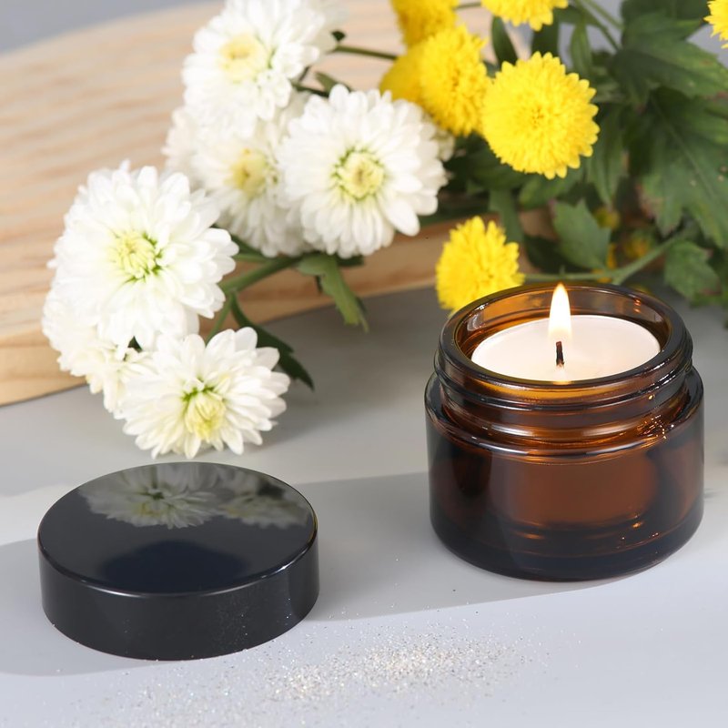Amber Glass Jar Set - 2oz Travel Size Cosmetic Containers with Black Lid & Spatula | 4PCS Mini Beauty Jars