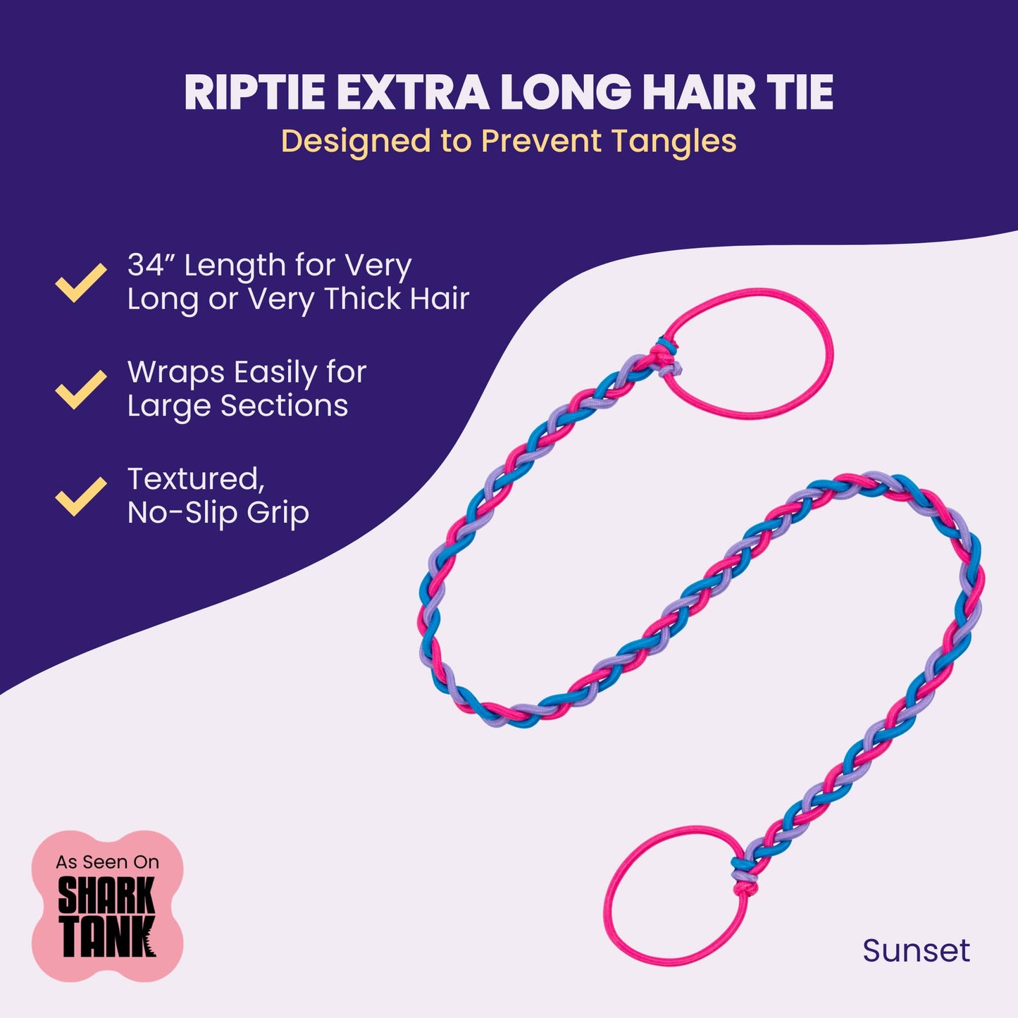 Rip Tie Soft Tangle-Free Hair Tie for Women, Nylon Hair Elastic, Colorful Hair Accessory - As Seen on Shark Tank - 1pc Sunset (Extra Long)