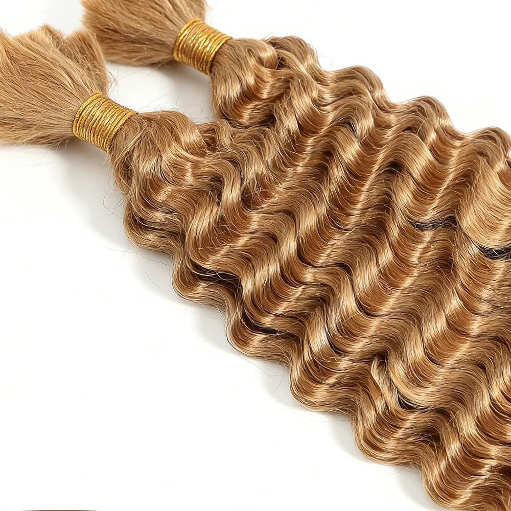 Honey Blonde Human Braiding Hair for Boho Braids 2 Bundles 28 Inch 111g 12A 27 Blonde Deep Wave Braiding Hair for Braids Brazilian Bulk Human Hair Extensions