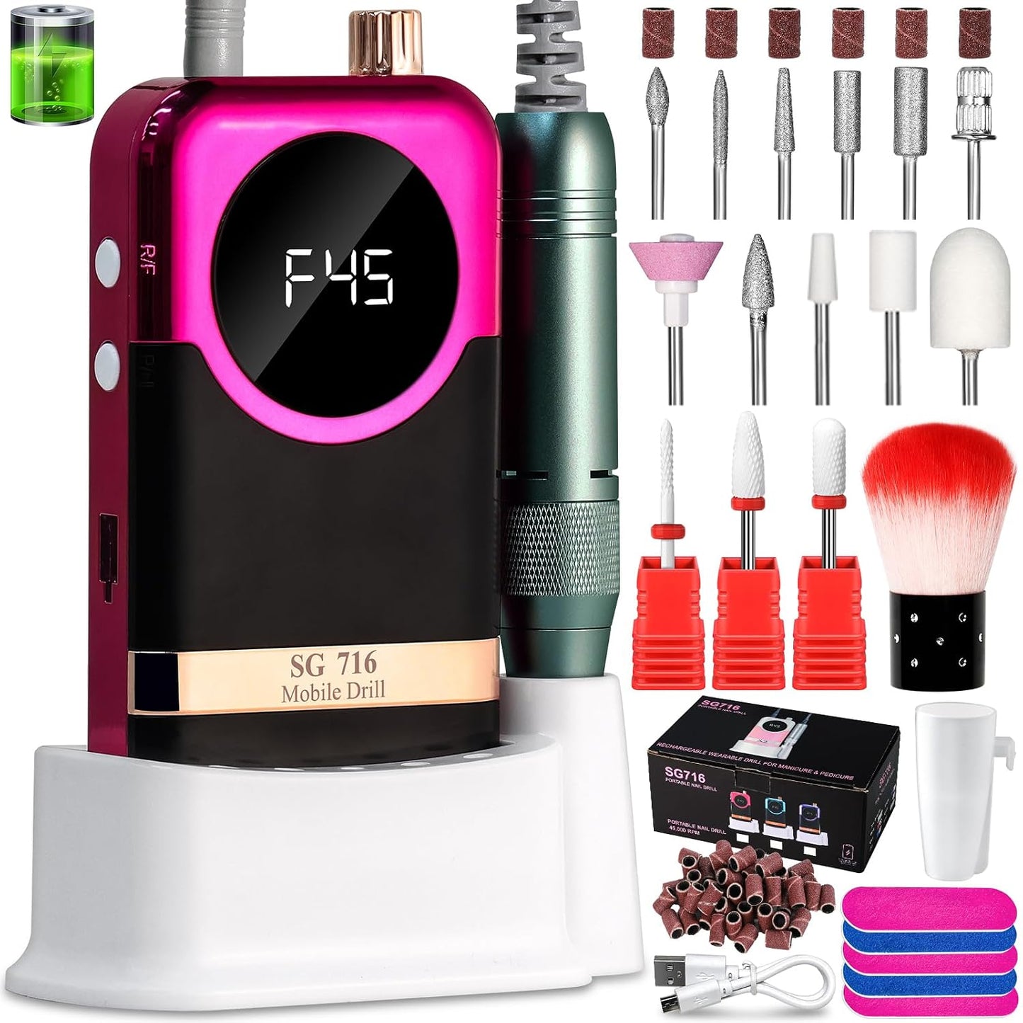Professional Electric Nail Drill Kit - 45000RPM Cordless Toenail Machine with 14 Drill Bits | Portable Green