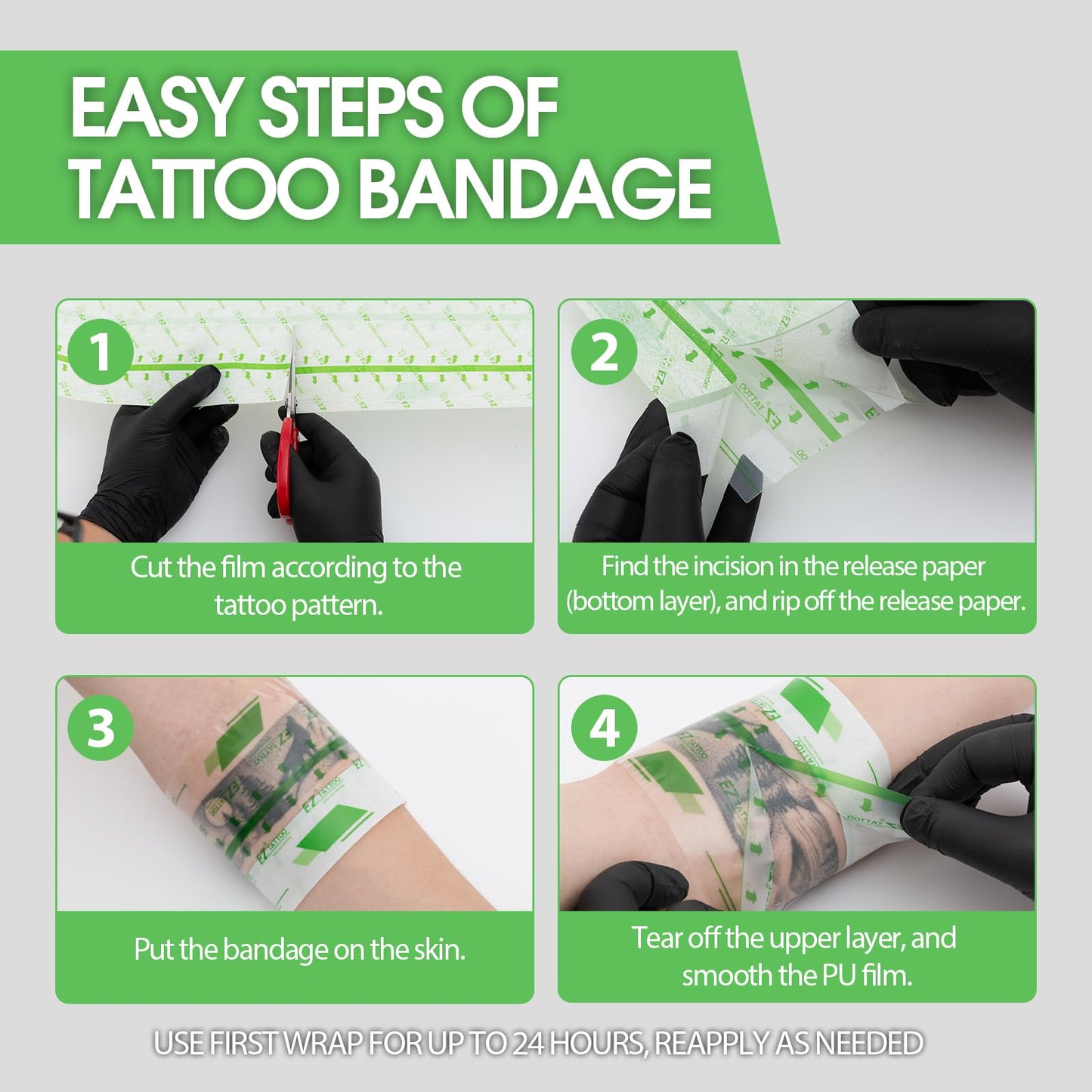 EZ Derm Defender Roll, Tattoo Aftercare Waterproof Bandage 4 inch X 10.9 Yard, Transparent Film Dressing Second Skin Healing Wrap Cover, Derm Shield Skin Protection Aftercare Tape