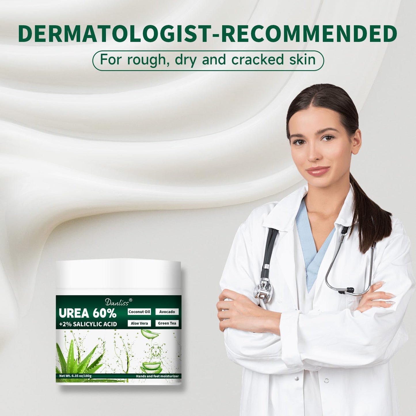 Danliss Urea Cream 60% with 2% Salicylic Acid – Unscented 60 Percent Urea Maximum Strength for Dry, Cracked Heels, Hands, Knees, and Elbows. Dead Skin Remover & Callus Repair Treatment 6.35 oz