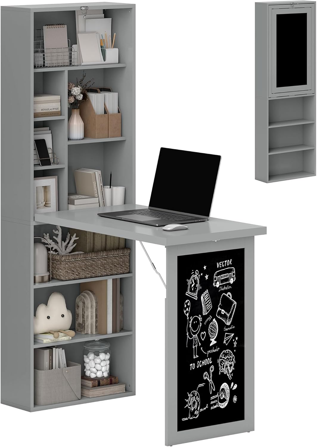 Convertible Writing Table - Foldable Wall-Mounted Computer Desk with Storage Shelves | Space-Saving Design for Small Spaces, White