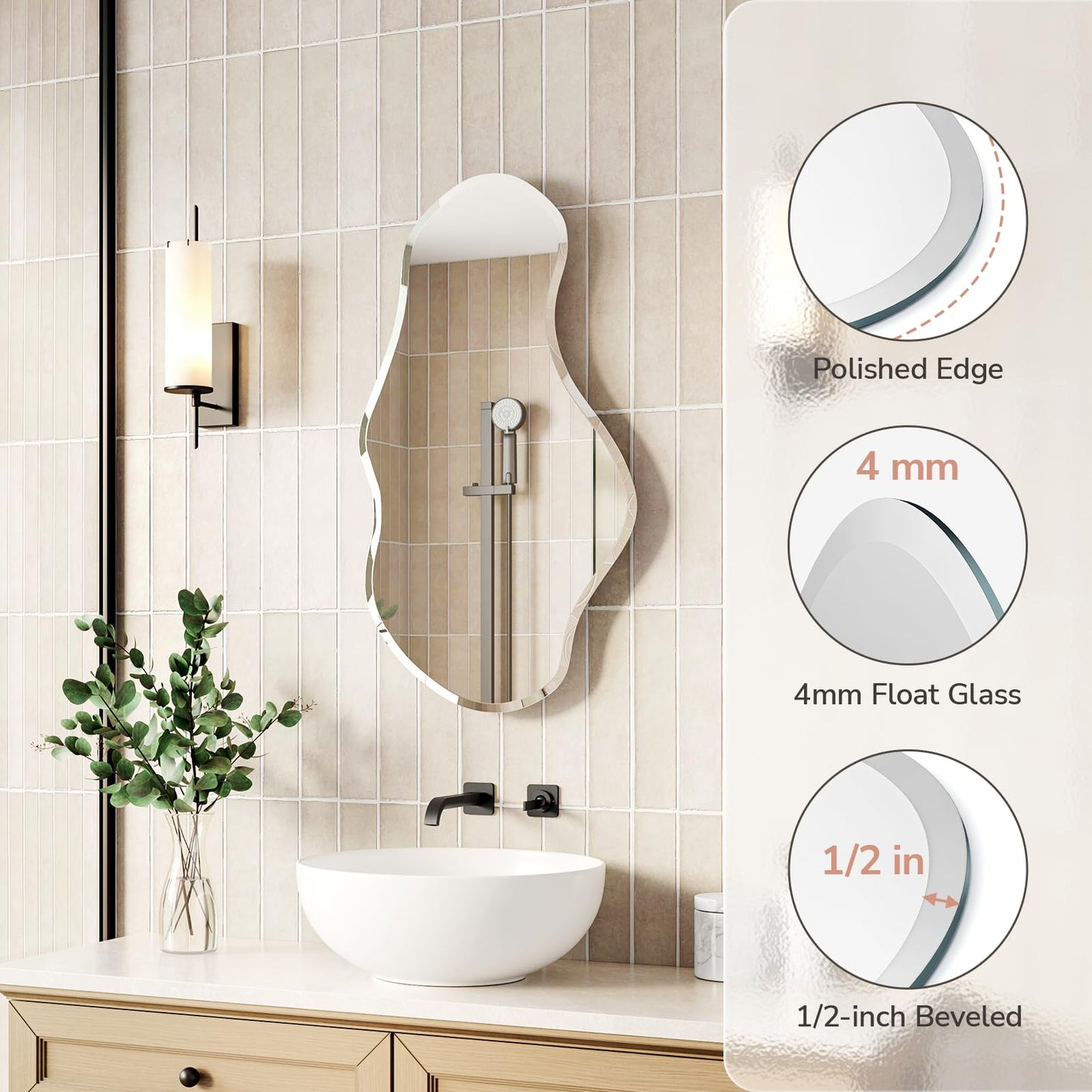 USHOWER Irregular Mirror 20x36 Inch, Frameless Asymmetrical Mirror