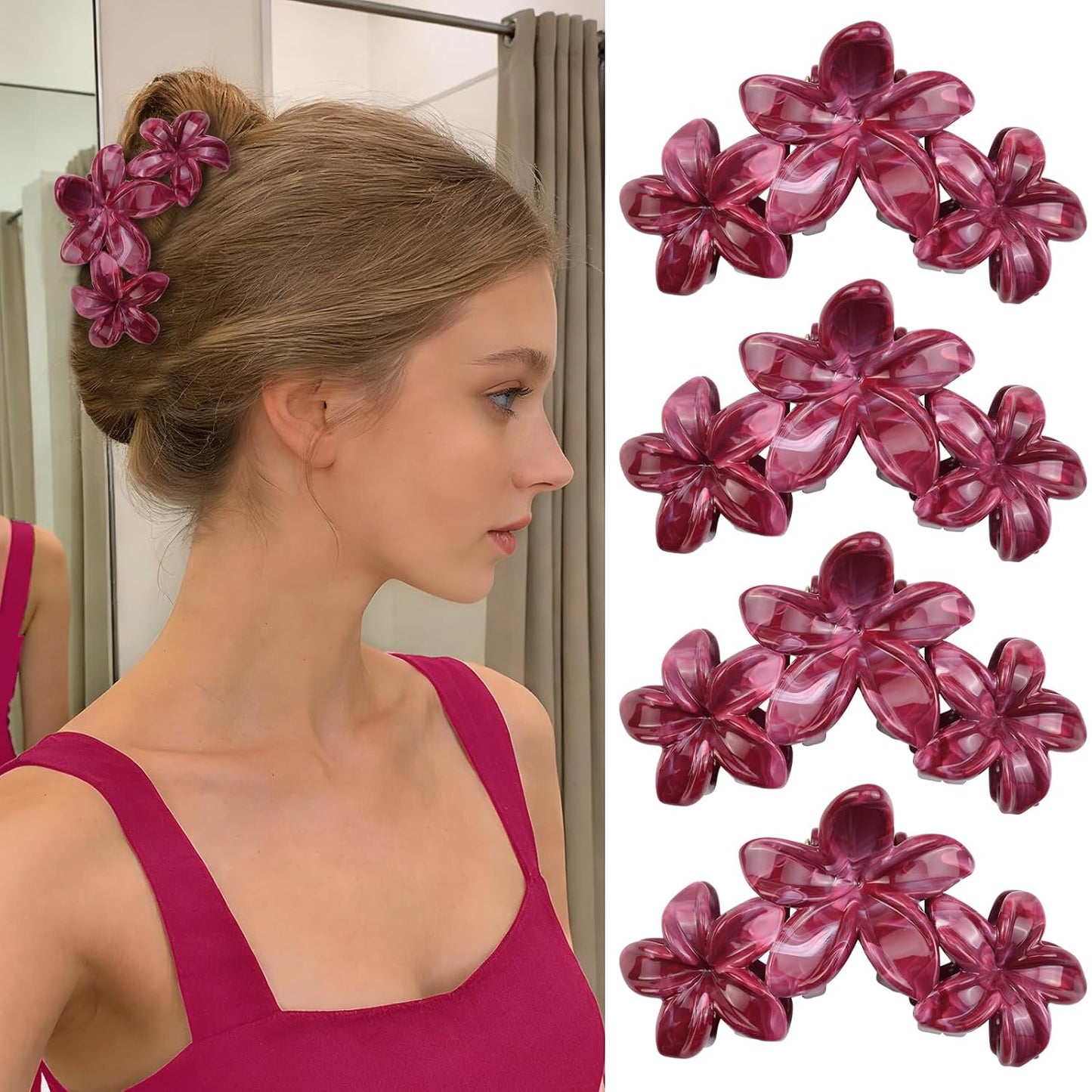 Cute Hawaiian Flower Claw Hair Clips - 4Pcs Large Clips for Thick or Thin Hair | Pink & Red Beach Accessories