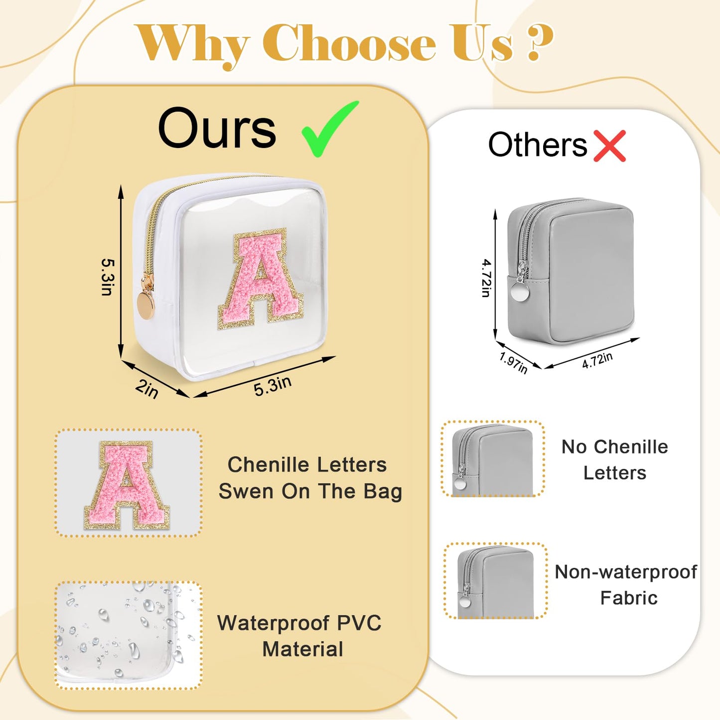 Personalized Initial Letter Clear Preppy Makeup Bag,Mini Nylon Chenille Letter Cosmetic Bag Cute Zipper Pouch Purse for Teen Girls,Portable TSA Approved Beach Travel Essentials Bag Gift for Women,L