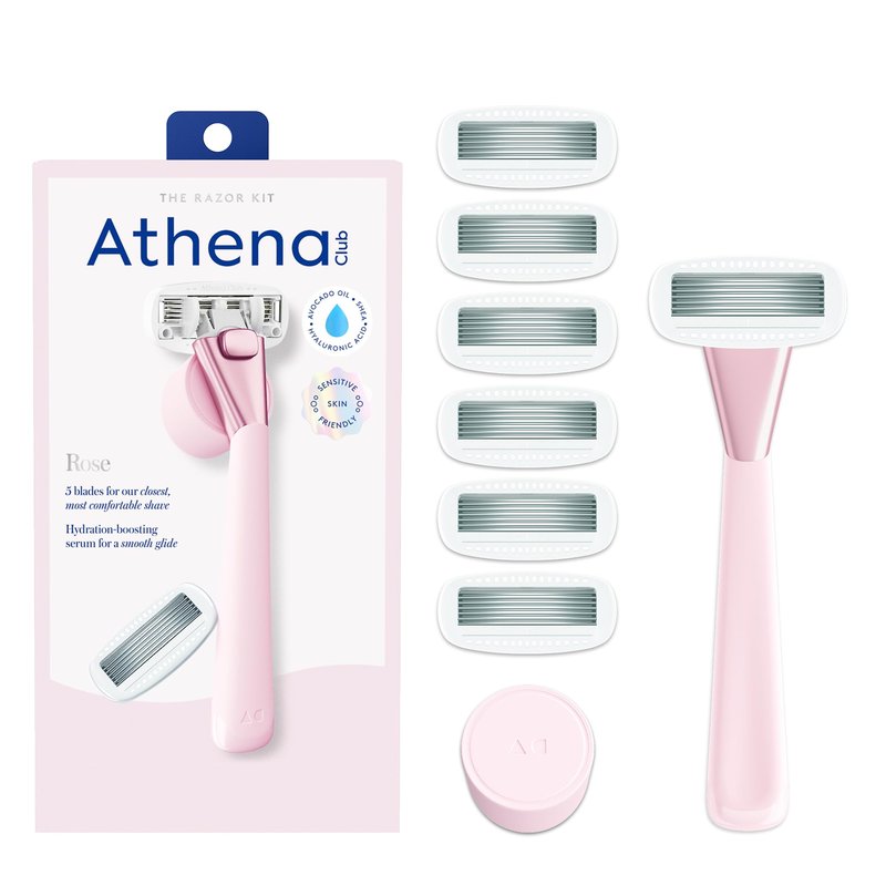 Athena Club Women’s Razor Kit, 5-Blade Cartridge Razor for Sensitive Skin, Serum-Infused Blades with Shea Butter and Hyaluronic Acid, Includes Handle, 6 Refills and Magnetic Shower Hook - Rose