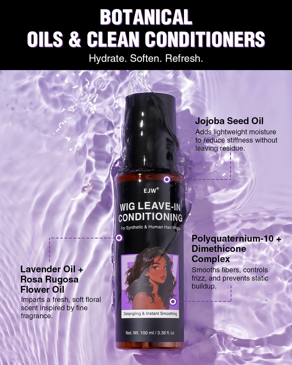 EJW Leave-In Conditioner Spray for Wigs | Detangles & Smooths | Lightweight Non-Greasy Formula | 3.38 fl. oz