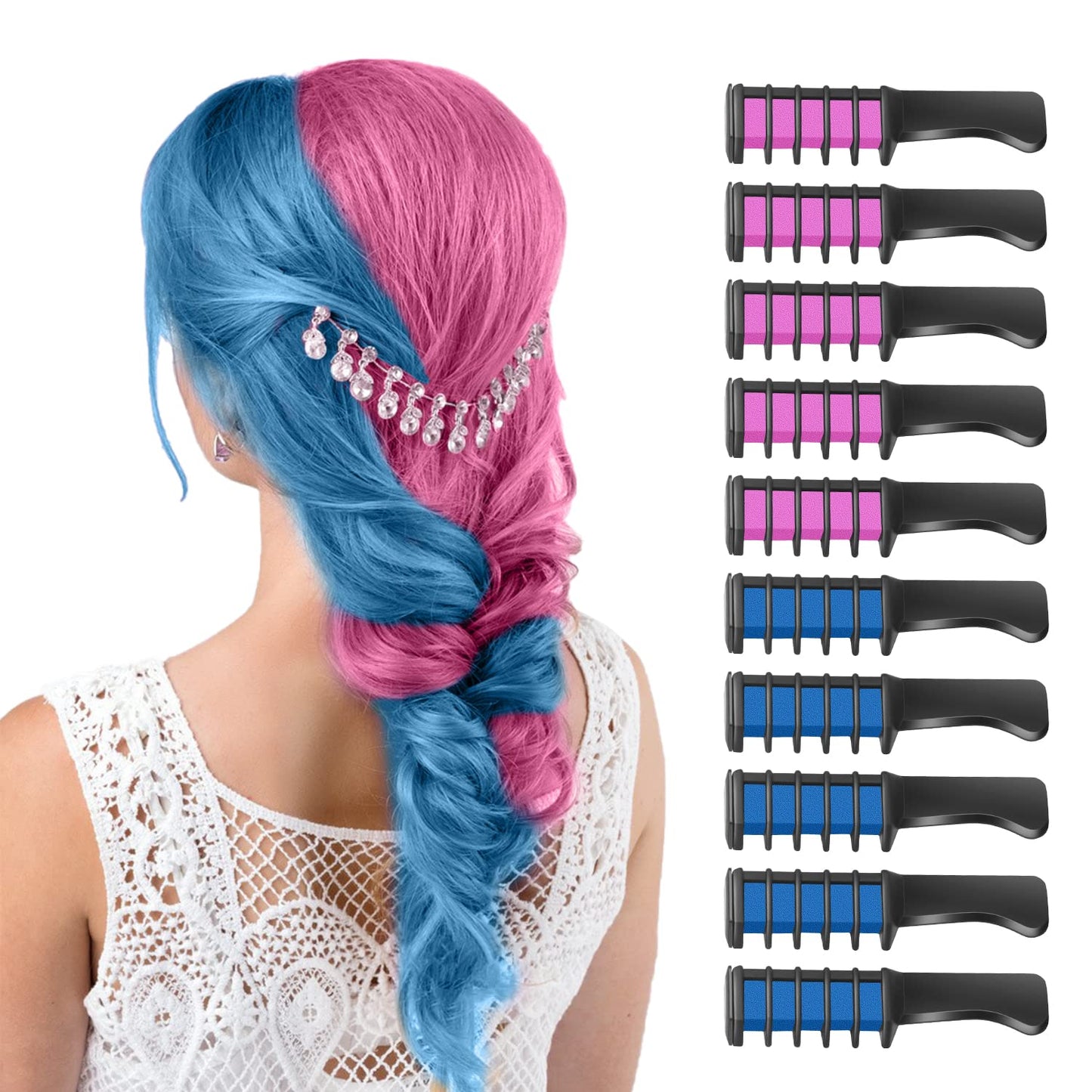Hair Chalk Comb Set for Kids - Temporary Bright Washable Color Dye | 5 Pink + 5 Blue, Perfect for Birthday & Halloween Gifts