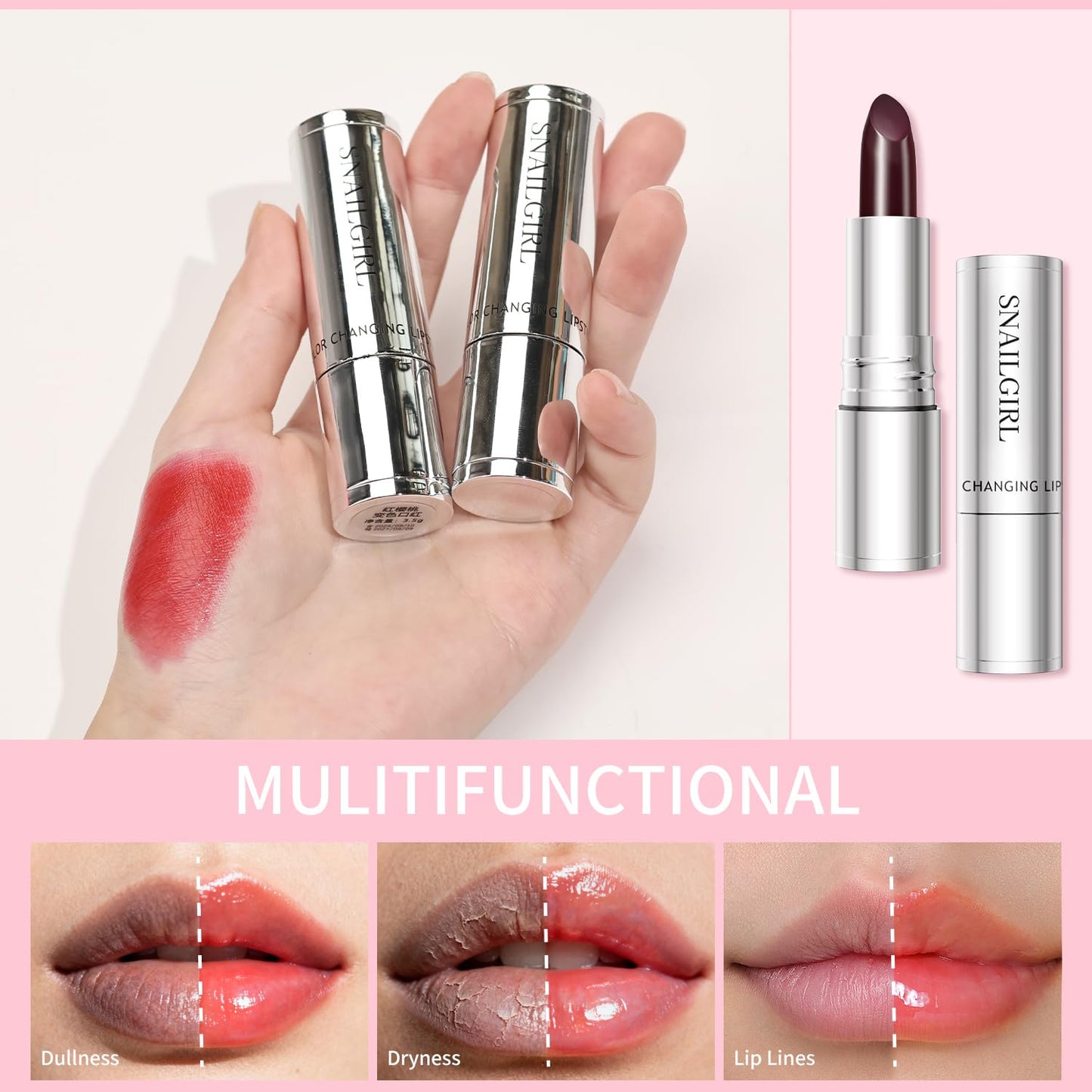 QIC Color Changing Lipstick，PH Lipstick Color Changing, Long Lasting Nutritious Balm, Temperature Change Moisturizer,lipstick for women， Long Lasting