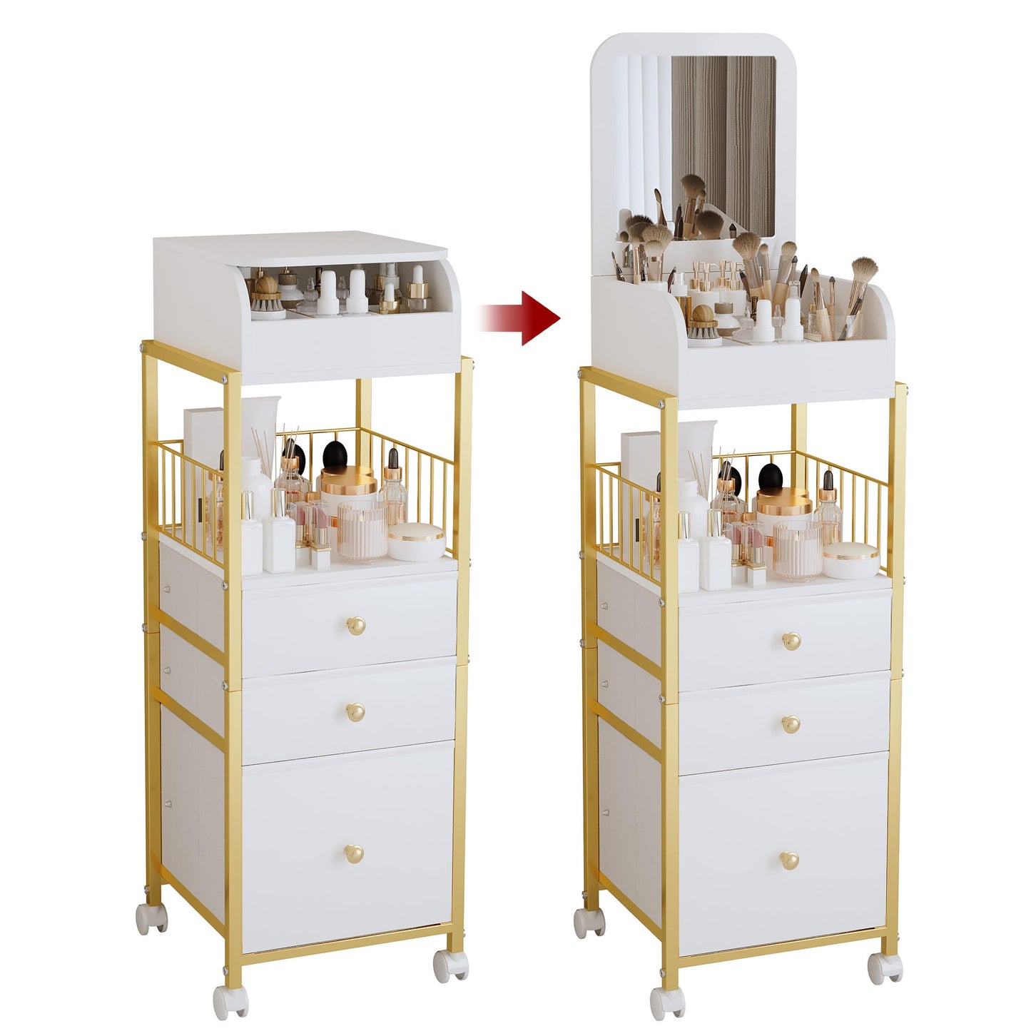 ZQUYAJ Makeup Cart Organizer with Mirror, Floor Makeup Organizer Large- Make Up Organizers Vanity Cart Cosmetic Display Cases Holder for Skin Care Perfume Nail Polish Brush Hair Tool (Gold)