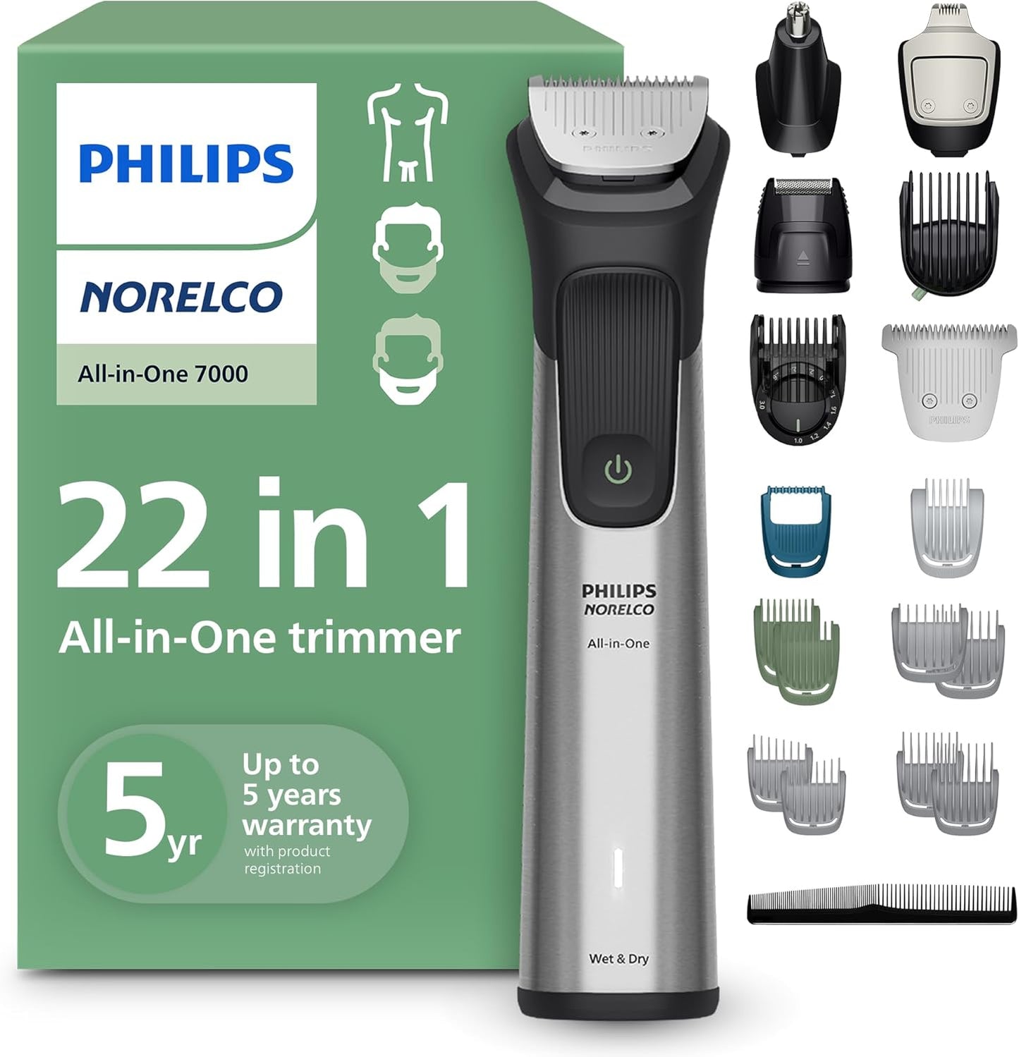 Philips Multigroom 7000 Series - All-in-One Beard & Hair Trimmer | 19-Piece Men's Grooming Kit with Soft Pouch, MG7910/49
