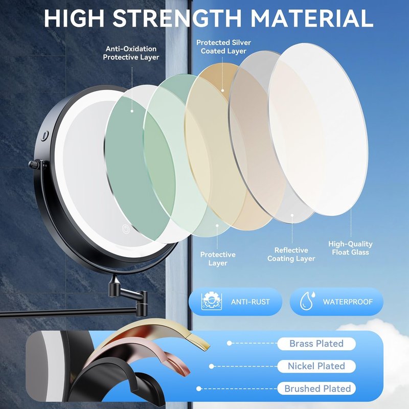 10'' 30X/1X Wall Mounted Lighted Makeup Mirror, 5000mAh Rechargeable Double-Sided Magnifying Mirror with Light, LED Vanity Mirror Touch Dimmable 3 Colors 360° Rotation Extended Foldable Arm, Black