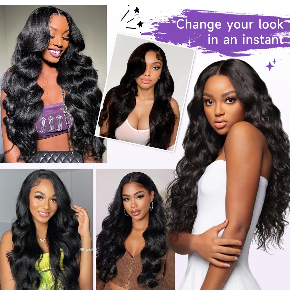 Leseater Lace Front Wigs Human Hair Pre Plucked Real Full Virgin Human Hair Wig HD Transparent Lace 200 Density Body Wave No Mixed With Synthetic Natural Black for Women Long 34 Inch