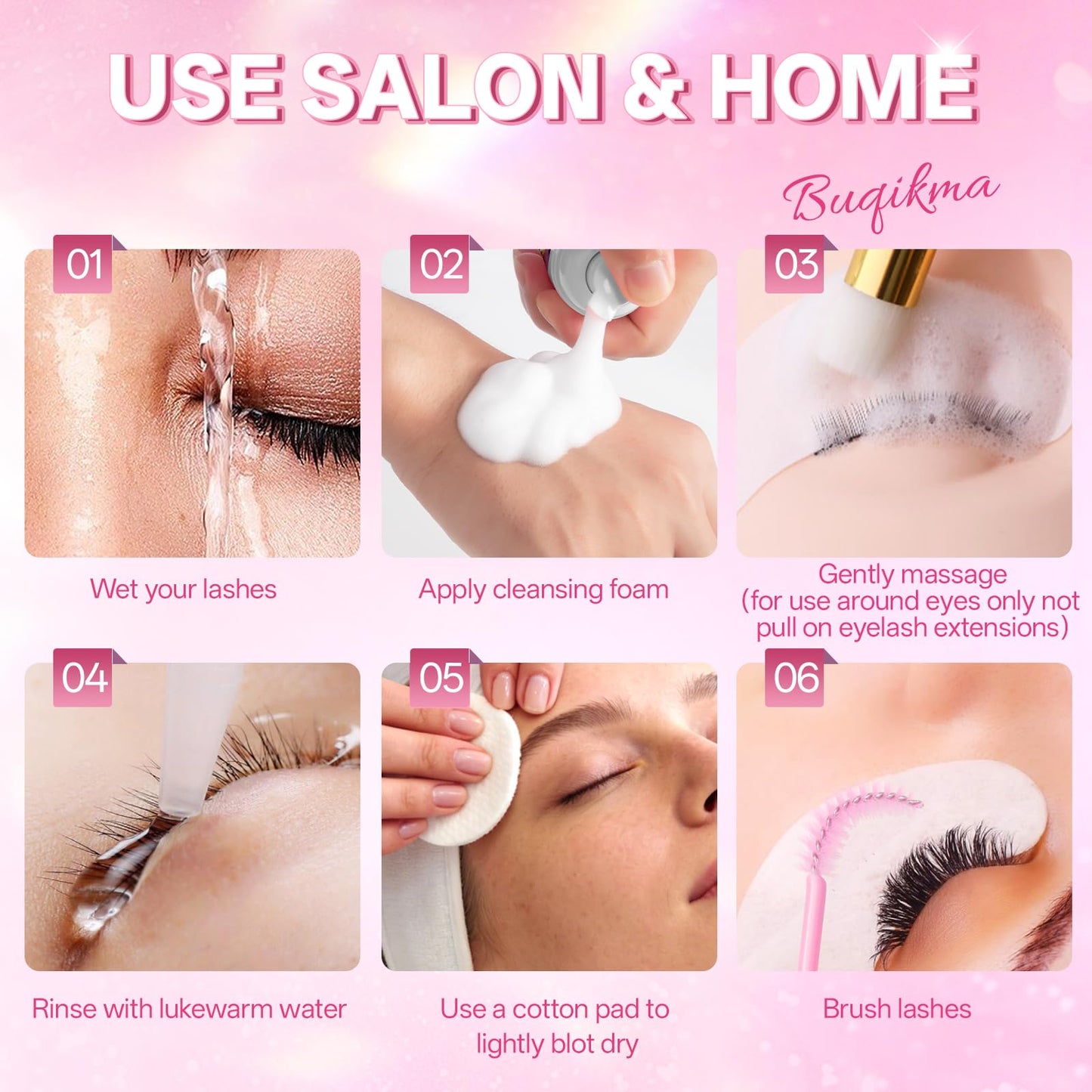 Buqikma Lash shampoo for Eyelash Extension, 60Ml/2.02 fl.Oz Eyelash Shampoo Kit with Lash Wash Brushes Gentle Lash Extension Cleanser for Professional Salon and Home Eyelash Care