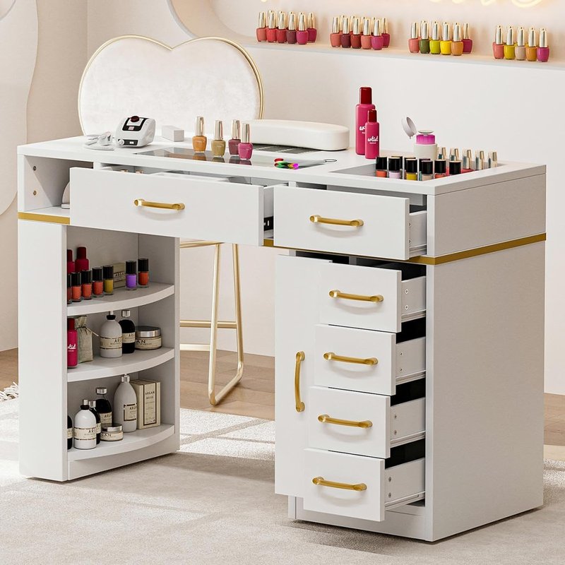 Nail Tech Table - Glass Top Manicure Desk with Dust Collector, 7 Drawers & 3-Tier Shelves | White Finish