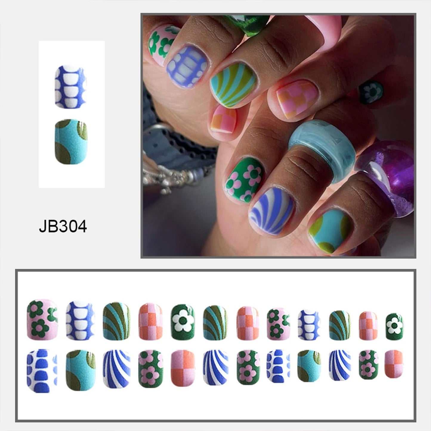 Colorful Press-On Nails - 24Pcs Short Square Acrylic Nails with Flower & Stripe Designs | Glossy Full Cover