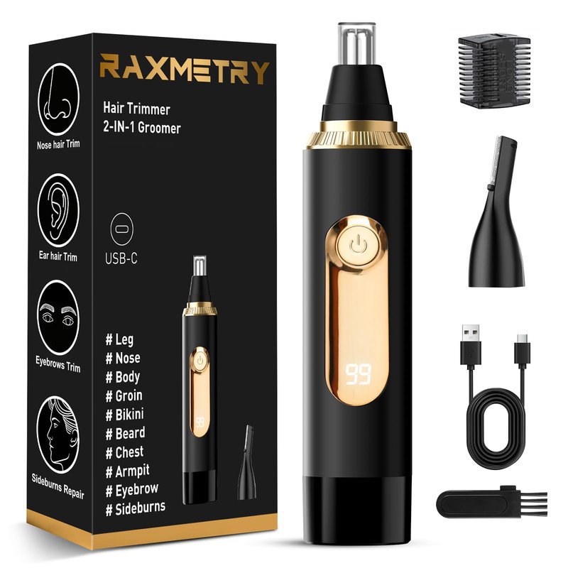 RAXMETRY Nose Hair Trimmer for Men,2026 Professional Painless IPX7 Waterproof,USB Rechargeable with LED Display Dual-Edge Blades,Black