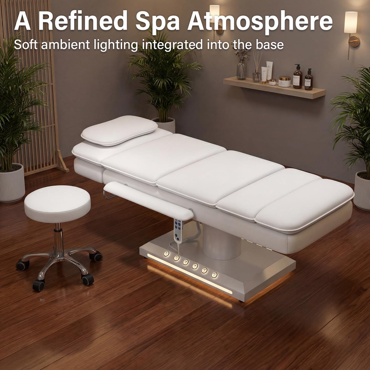 HolaiNail Electric Massage Table w/Stool, 3 Motor Professional Spa Bed, Foot Pedal & Remote Control, Height Adjustable Wide Facial Table for Salon & Spa (White | with Rolling Stool)