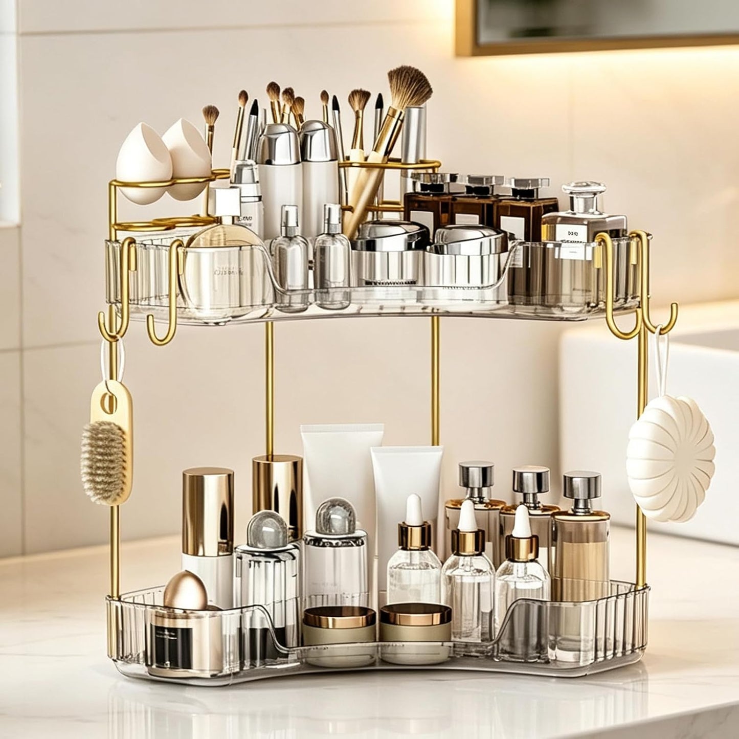 3-Tier Corner Bathroom Organizer - Makeup & Skincare Shelf with Built-in Brush Holder | Space-Saving Amber Design