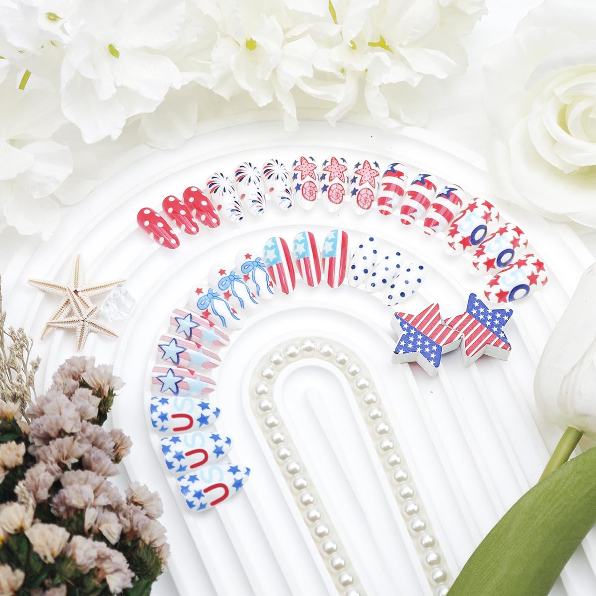 24Pcs 4th of July Press-On Nails - Short Almond American Flag Designs | Patriotic Summer Manicure