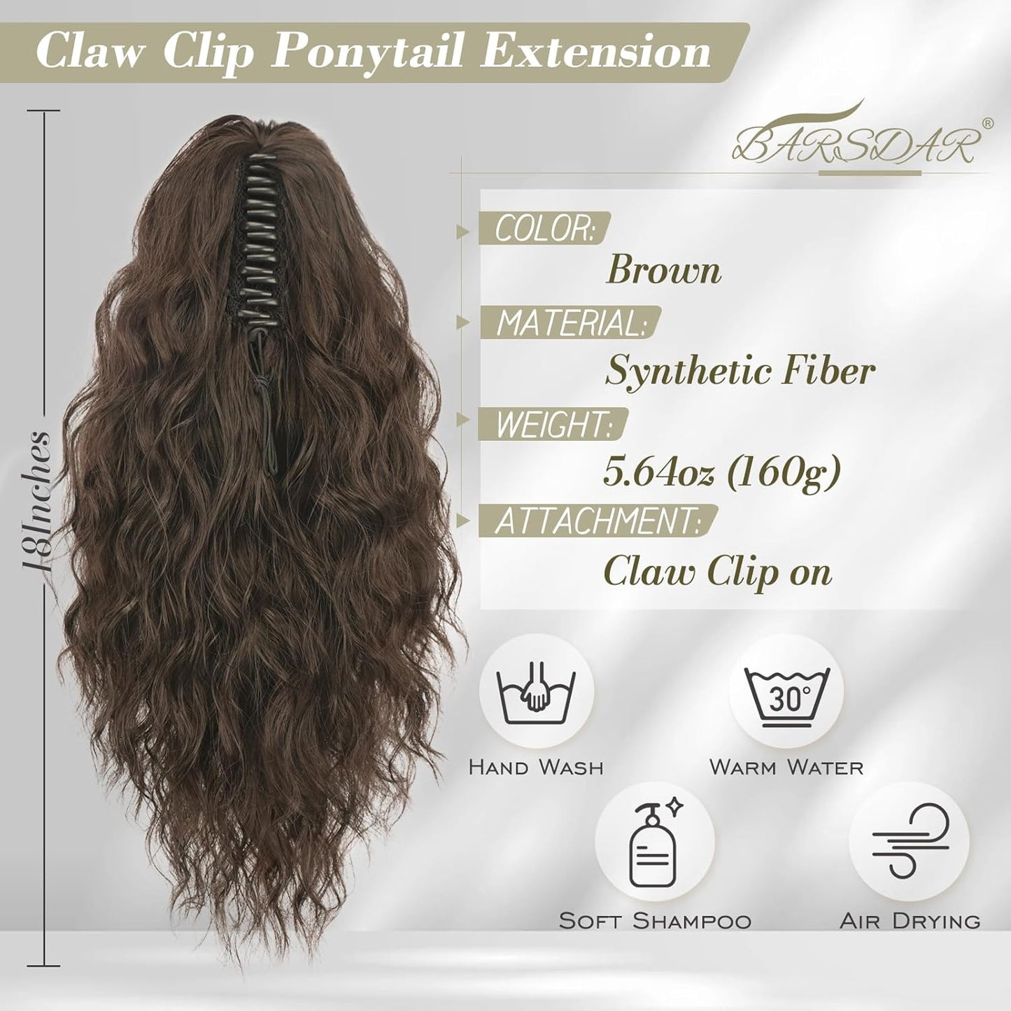 Brown Ponytail Extension - 18 Inch Claw Clip Curly Wavy Hairpiece | Daily Party Use