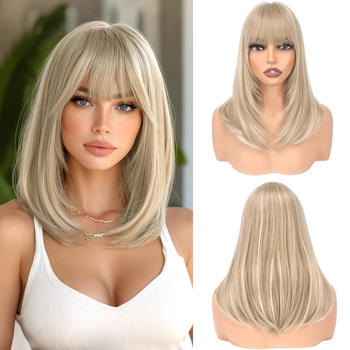 Blonde Bob Wigs with Bangs - Shoulder Length Straight Synthetic Hair | 16 Inch Platinum Blonde