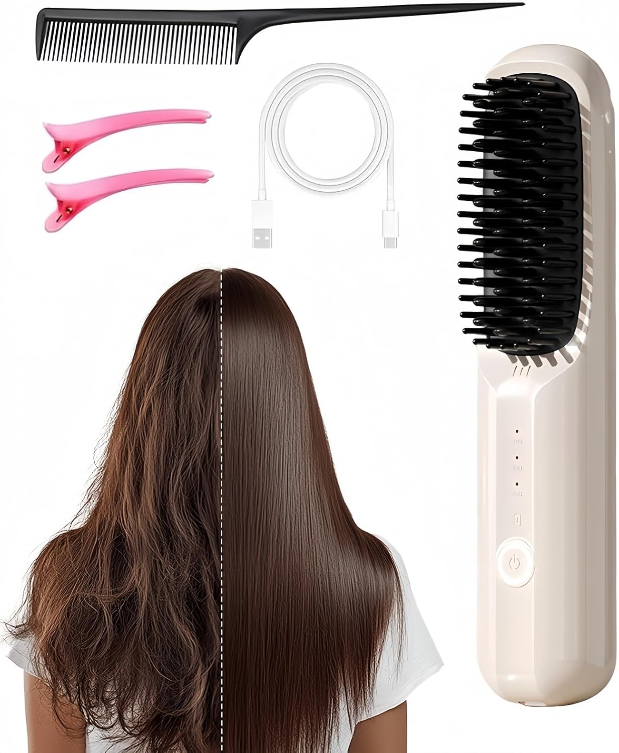 Cordless Hair Straightening Brush - Fast Heating Ceramic | Portable USB-C Brush for Short & Long Hair - Black