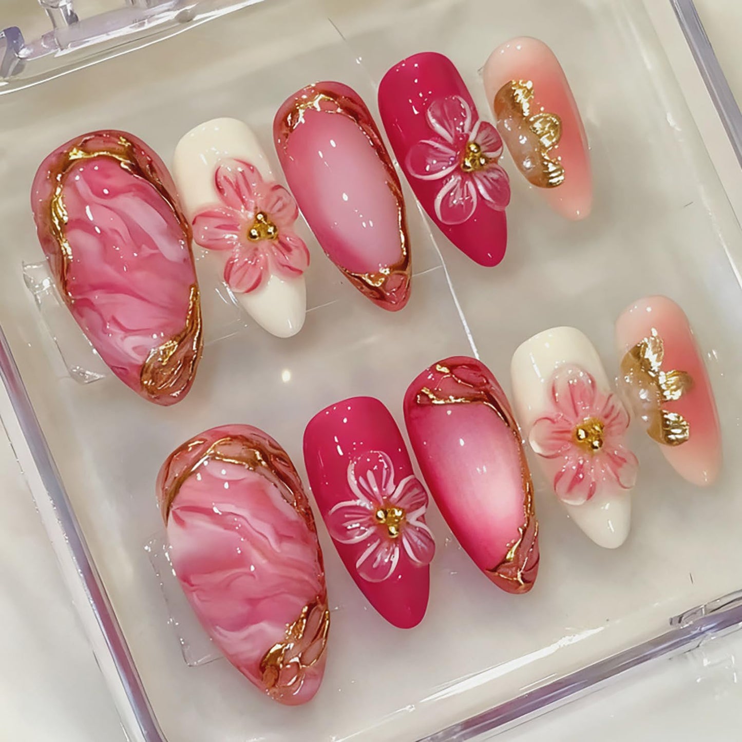 Summer Press-On Nails - 30Pcs Short Almond Floral & Fruit Designs | 3D Lemon & Strawberry Acrylic Full Cover